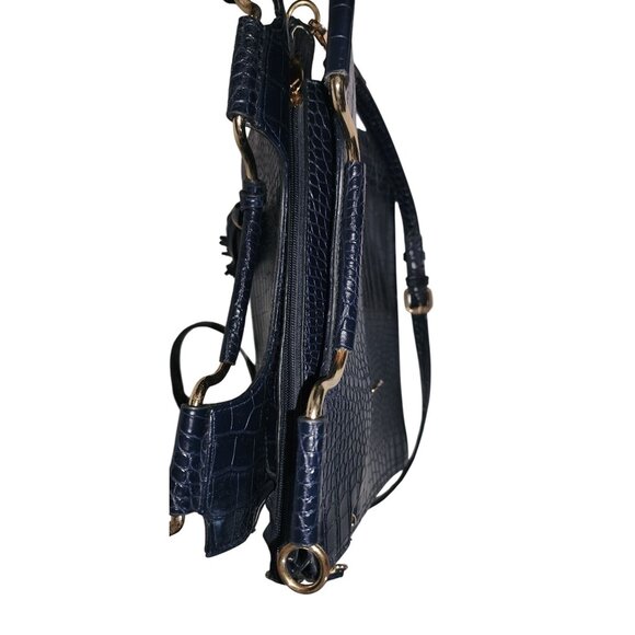 Navy Blue Croc-Embossed Vegan Leather Tote Bag & Wallet Set With Gold-Tone Hardw - Picture 4 of 7